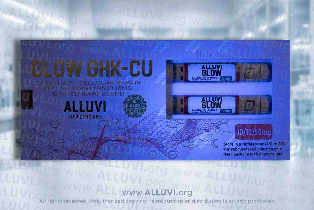 A 70mg Glow formulation supplied in a pre-filled research device, provided exclusively for controlled laboratory R&D applications. glowing peptides​